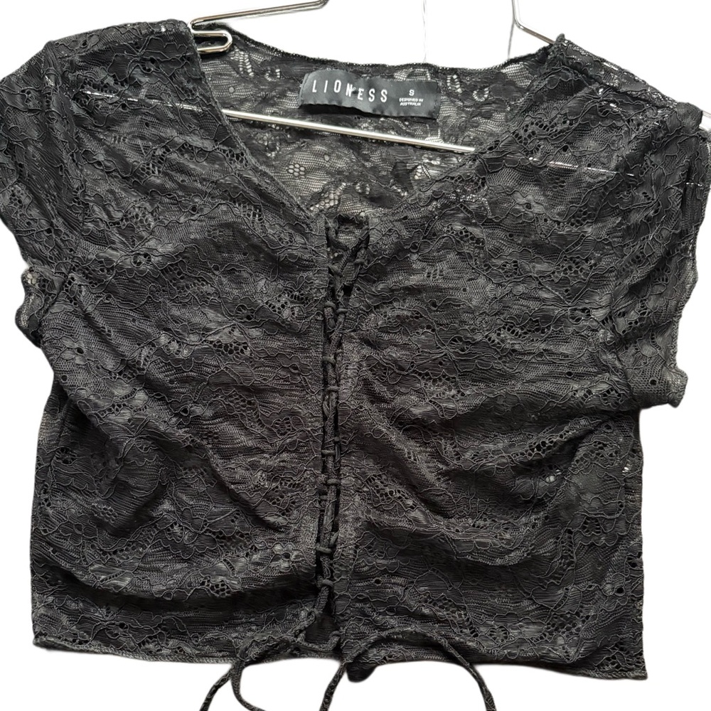 Lioness Black Lace Tie Front Crop Top | Sheer Mesh Floral Lace | Size S